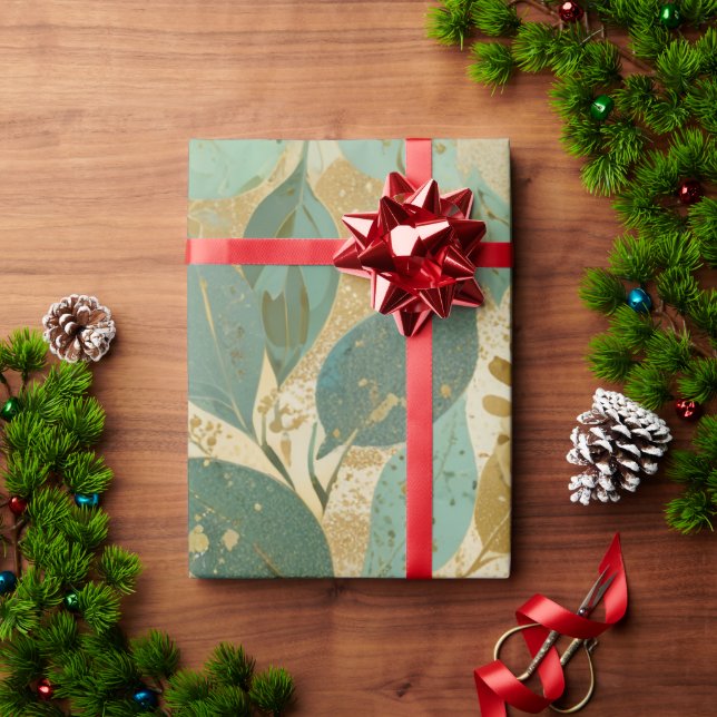 Lemon And Muted Mint Abstract Gold Glitter  Flora Wrapping Paper (Holiday Gift)