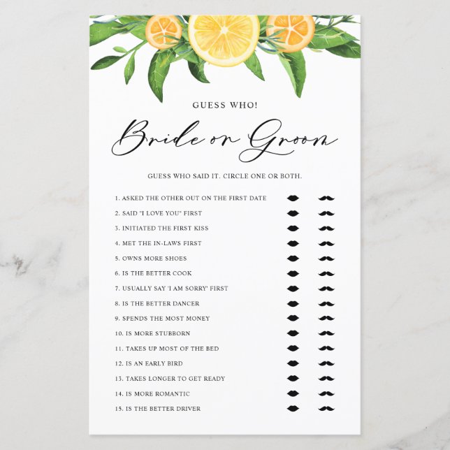 Lemon and Orange Bride or Groom Bridal Shower Game (Front)