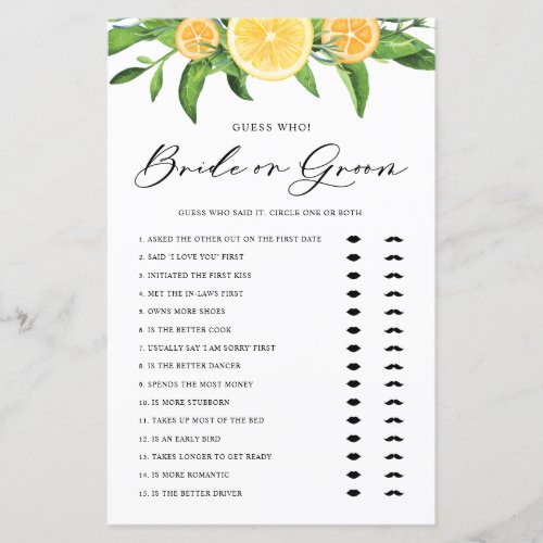 Lemon and Orange Bride or Groom Bridal Shower Game
