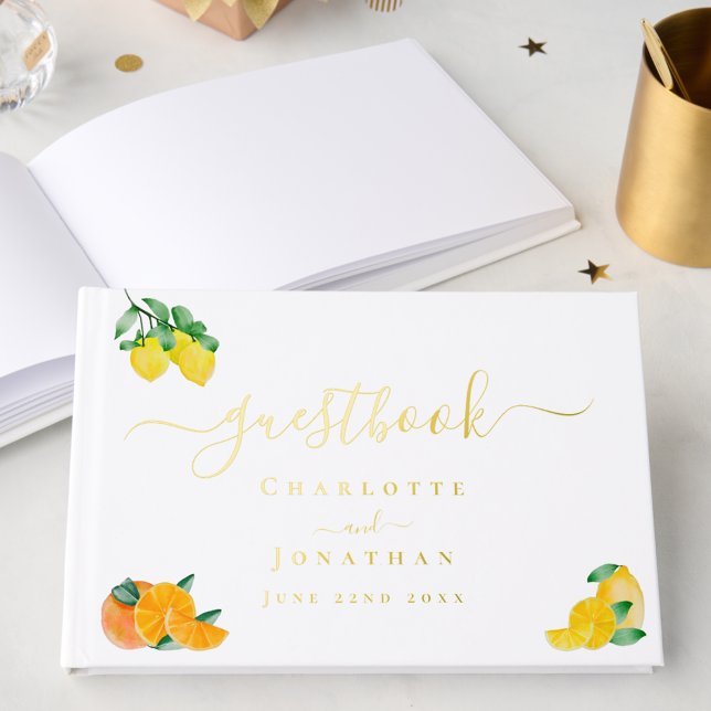 Lemon and Orange Citrus Wedding Gold Foil Guest Book (Lemon and orange citrus gold foil custom wedding guest book)