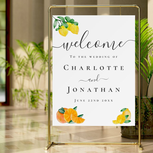 Lemon and Orange Citrus Wedding Welcome Foam Board (Stylish Lemon and orange citrus wedding welcome sign with watercolor artwork )