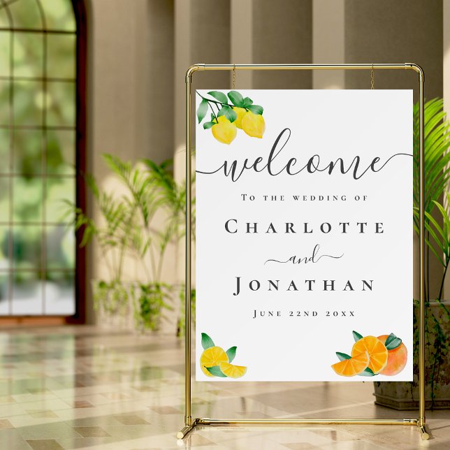 Lemon and Orange Citrus Wedding Welcome Foam Board (Stylish Lemon and orange citrus wedding welcome sign with watercolor artwork )