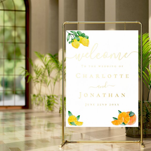 Lemon and Orange Citrus Wedding Welcome Gold Foil Prints (Lemon and orange citrus wedding welcome gold foil poster with watercolor & stylish typography script)