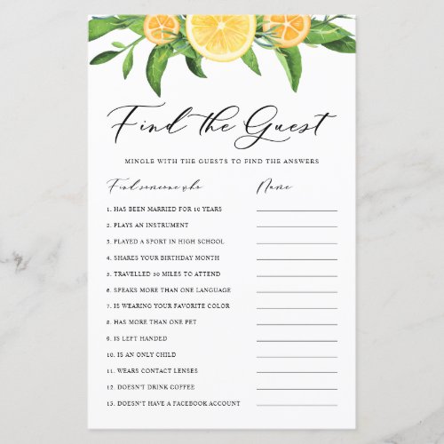 Lemon and Orange Find the Guest Bridal Shower Game