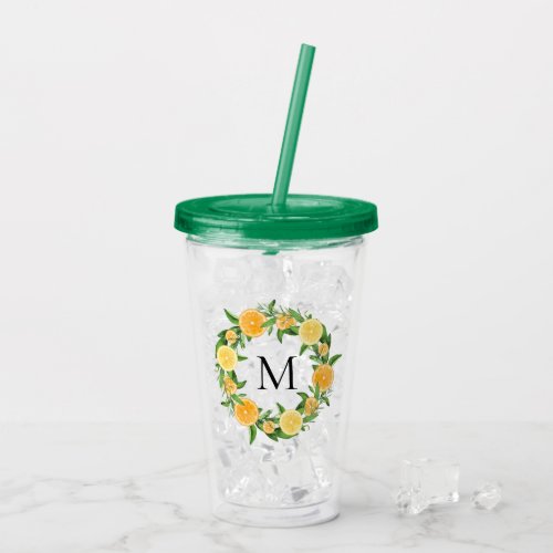 Lemon and Orange Slices Wreath Watercolor Monogram Acrylic Tumbler