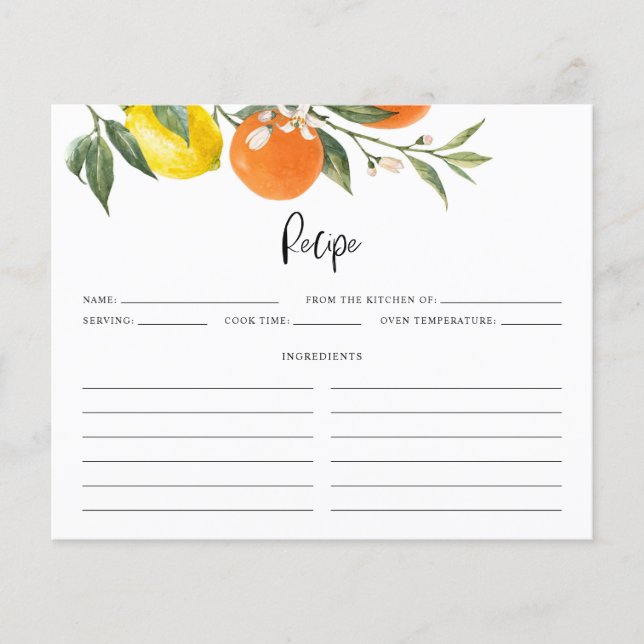 Lemon and Oranges Botanical Shower Recipe Card (Front)