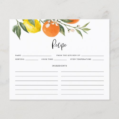 Lemon and Oranges Botanical Shower Recipe Card