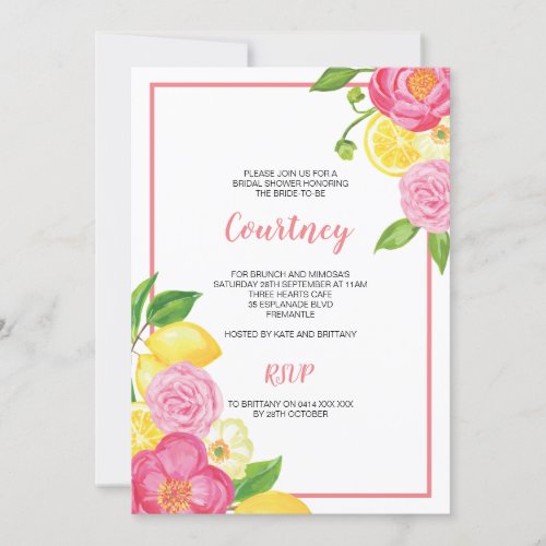 Lemon and Pink Floral Bridal Shower Party Invitation