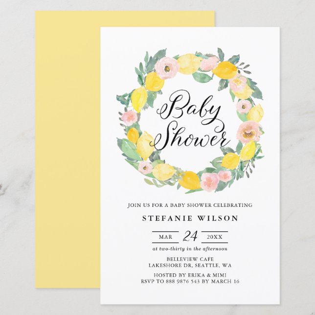 Lemon and Pink Rose Wreath Baby Shower Invite (Front/Back)