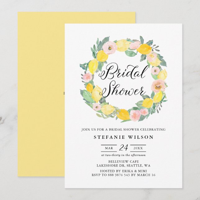 Lemon and Pink Rose Wreath Bridal Shower Invite (Front/Back)