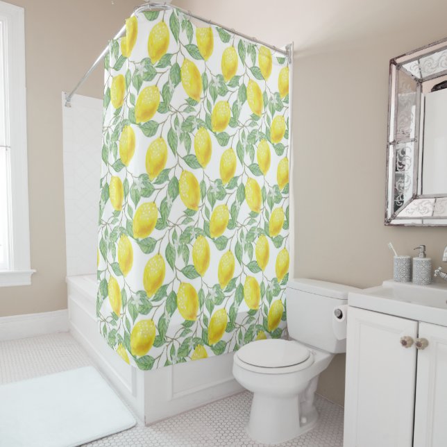 Lemon and Sage Green Vines Bathroom Shower Curtain (In Situ)