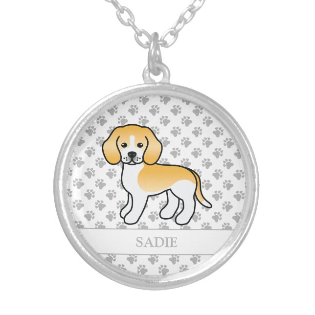 Lemon And White Beagle Cute Cartoon Dog & Name Silver Plated Necklace (Front)