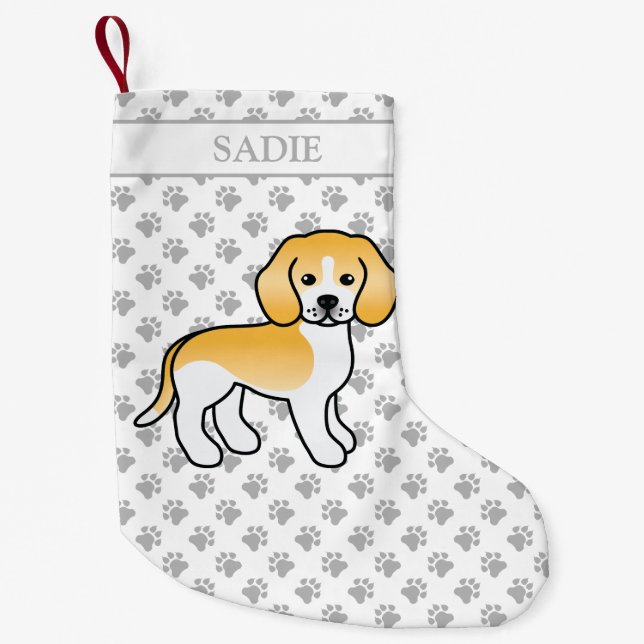 Lemon And White Beagle Cute Cartoon Dog & Name Small Christmas Stocking (Front)