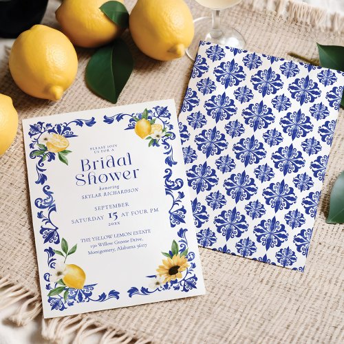 Lemon  Antique Blue Pottery Pattern Bridal Shower Invitation