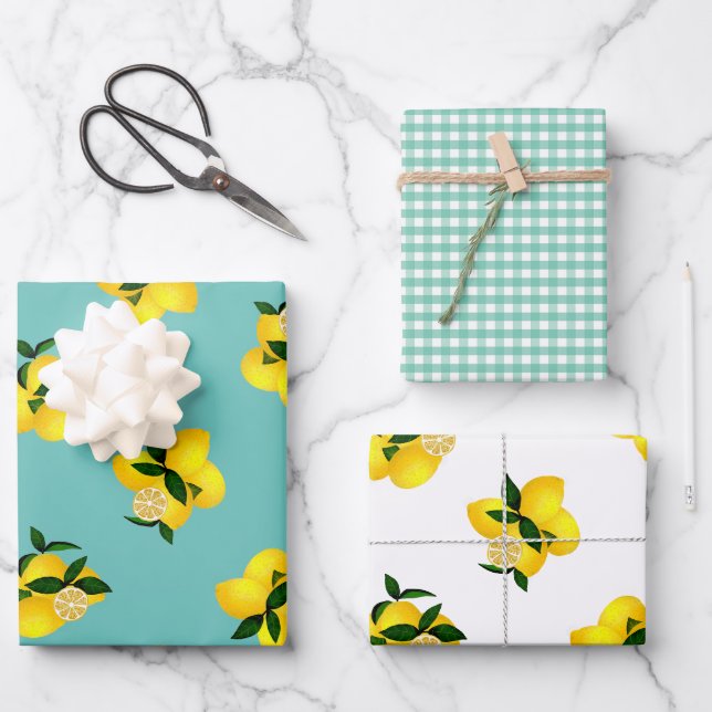 Lemon Aqua Gingham Wrapping Paper Sheets (Front)