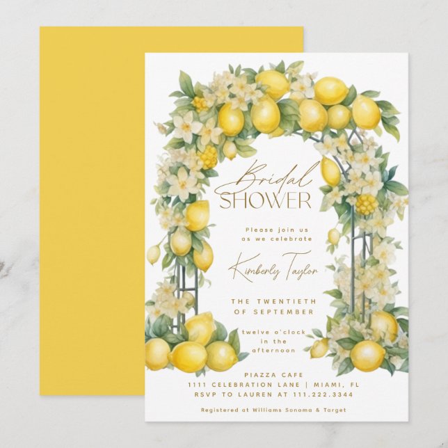 Lemon Arch Floral Boho Yellow Bridal Shower Invitation (Front/Back)