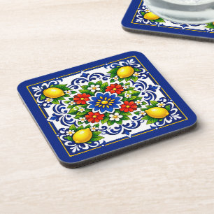 🍋 Lemon Azul Bloom — Mediterranean Azulejo Beverage Coaster