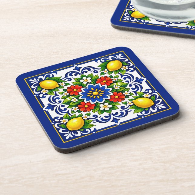 🍋 Lemon Azul Bloom — Mediterranean Azulejo Beverage Coaster (Left Side)
