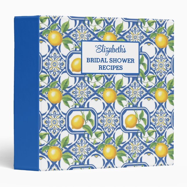 Lemon Azulejo Tiles Pattern Bridal Shower Recipes 3 Ring Binder (Front/Spine)