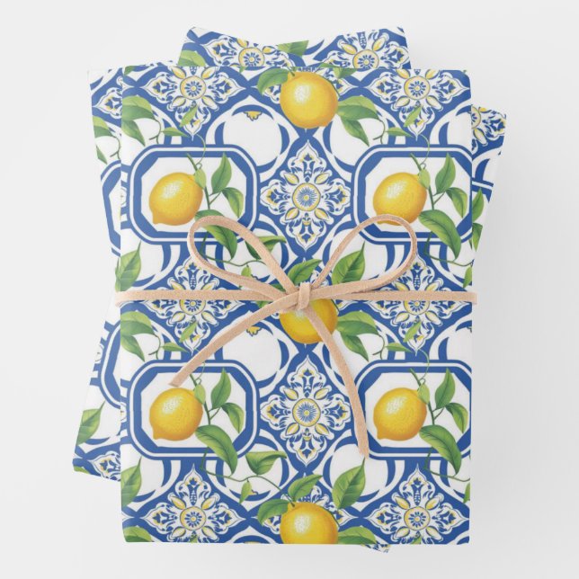 Lemon Azulejo Tiles Pattern Wrapping Paper Sheets (In situ)