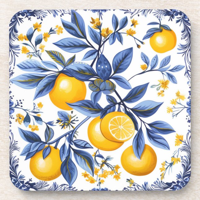 🍋 Lemon Azulejo with blue elements Beverage Coaster (Front)