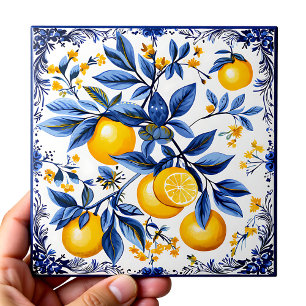 🍋 Lemon Azulejo with blue elements Ceramic Tile