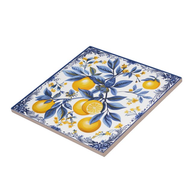🍋 Lemon Azulejo with blue elements Ceramic Tile (Side)