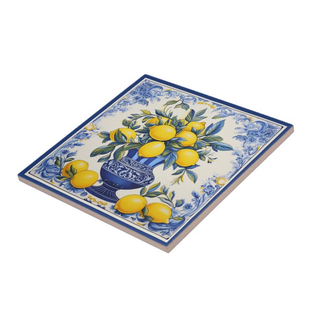 🍋 Lemon Azulejo  with vase Ceramic Tile (Side)