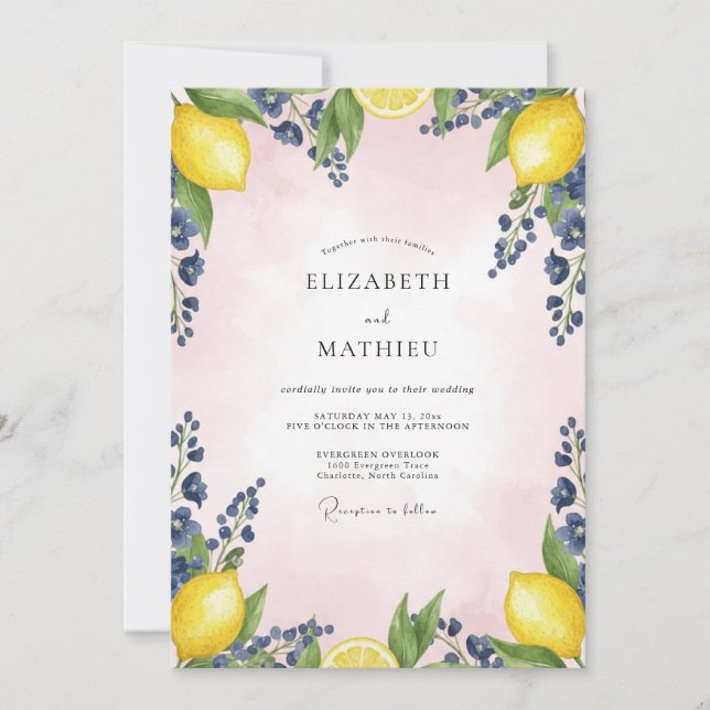 Lemon Azure Blush Eucalyptus Wedding Invitation (Front)