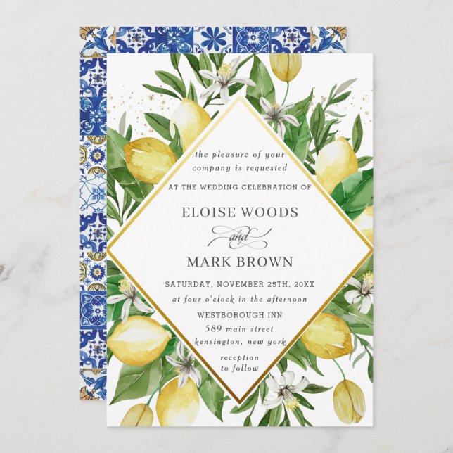 Lemon Azure Mediterranean Summer Greenery Wedding Invitation (Front/Back)