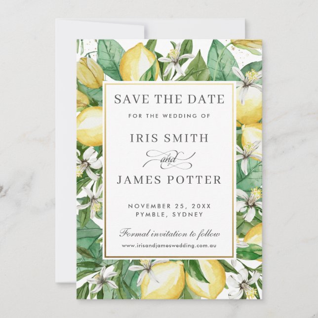 Lemon Azure Summer Greenery Save the Date Card (Front)