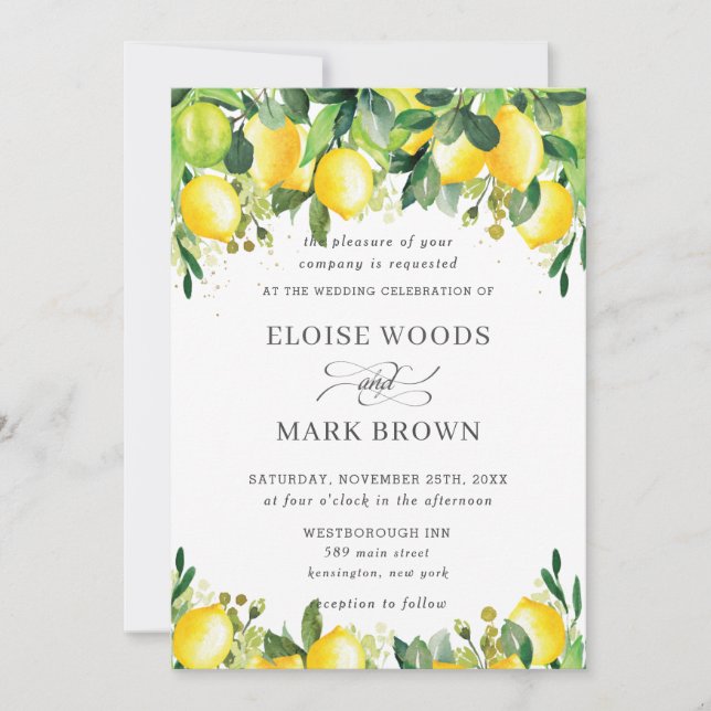 Lemon Azure Summer Greenery Wedding Invitation (Front)