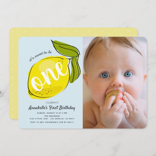 Lemon Baby Blue Photo 1st Birthday Invitation