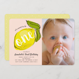 Lemon Baby Pink Photo 1st Birthday Invitation