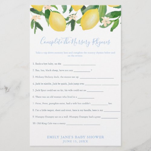 Lemon Baby Shower Classic Nursery Rhymes Game Card Flyer