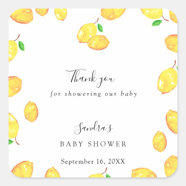 Lemon Baby Shower Elegant Thank you Script Frame Square Sticker (Front)