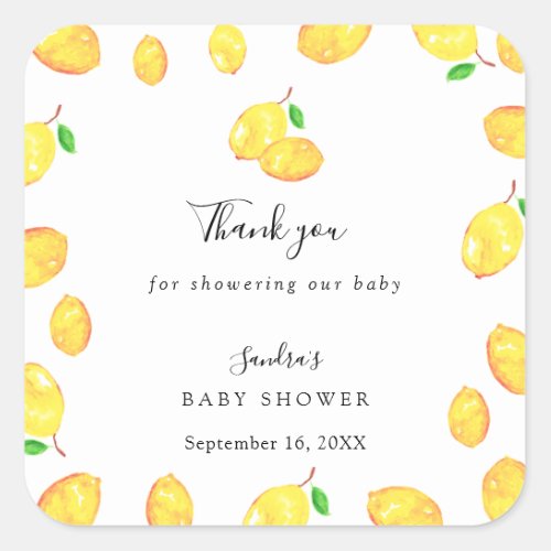 Lemon Baby Shower Elegant Thank you Script Frame Square Sticker