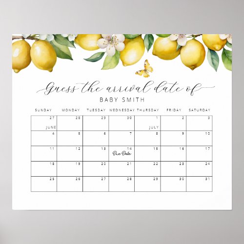 Lemon Baby Shower Guess The Due Date Calendar  Poster