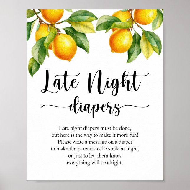 Lemon Baby Shower Late Night Diapers Sign (Front)