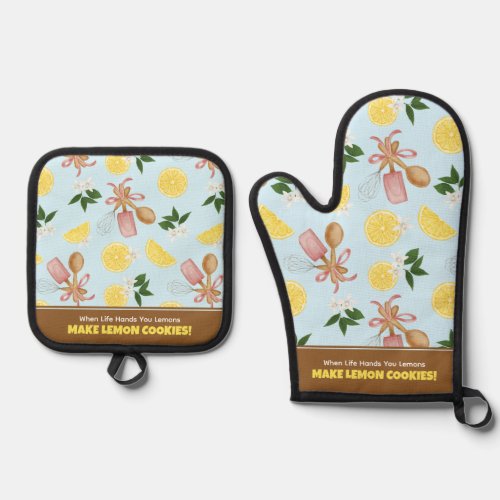 Lemon Baking Pattern Oven Mitt  Pot Holder Set