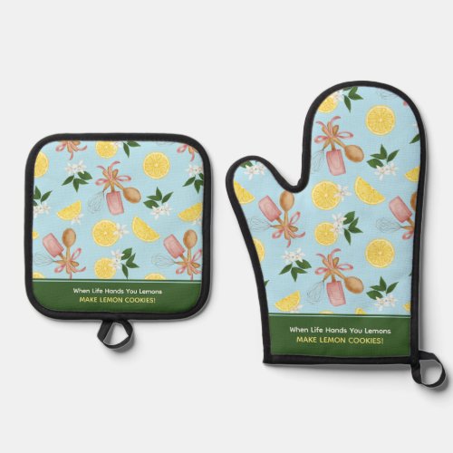 Lemon Baking Pattern Oven Mitt  Pot Holder Set