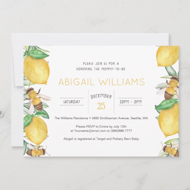 Lemon & Bee Watercolor Greenery Baby Shower Invitation (Front)