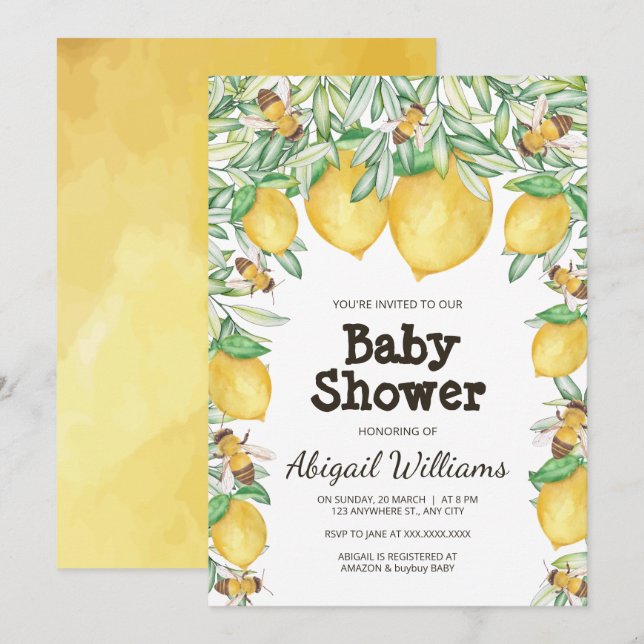 Lemon & Bee Watercolor Greenery Baby Shower Invitation (Front/Back)