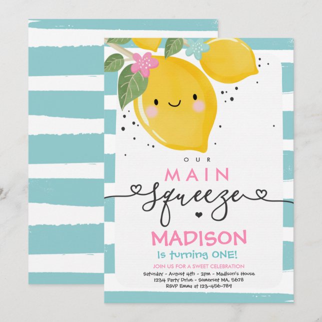 Lemon Birthday Invitation Our Main Squeeze Party (Front/Back)