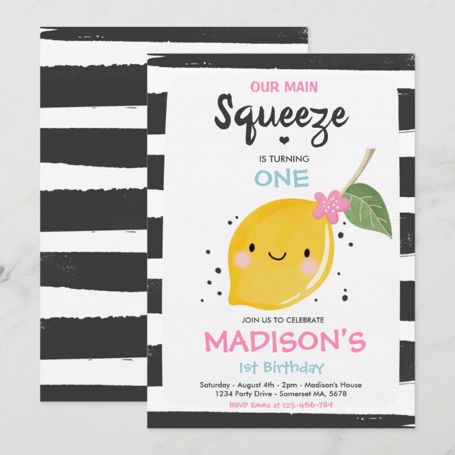 Lemon Birthday Invitation Our Main Squeeze Party (Front/Back)