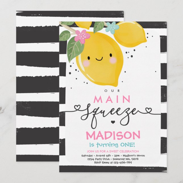 Lemon Birthday Invitation Our Main Squeeze Party (Front/Back)