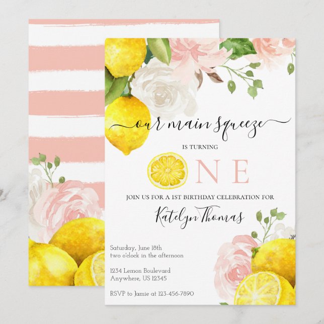 Lemon Birthday Invitation with Pink Flowers (Front/Back)