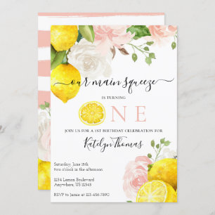 Lemon Birthday Invitation with Pink Flowers