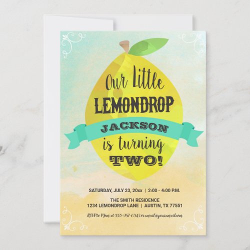 Lemon Birthday Watercolor Lemondrop Birthday Boy Invitation