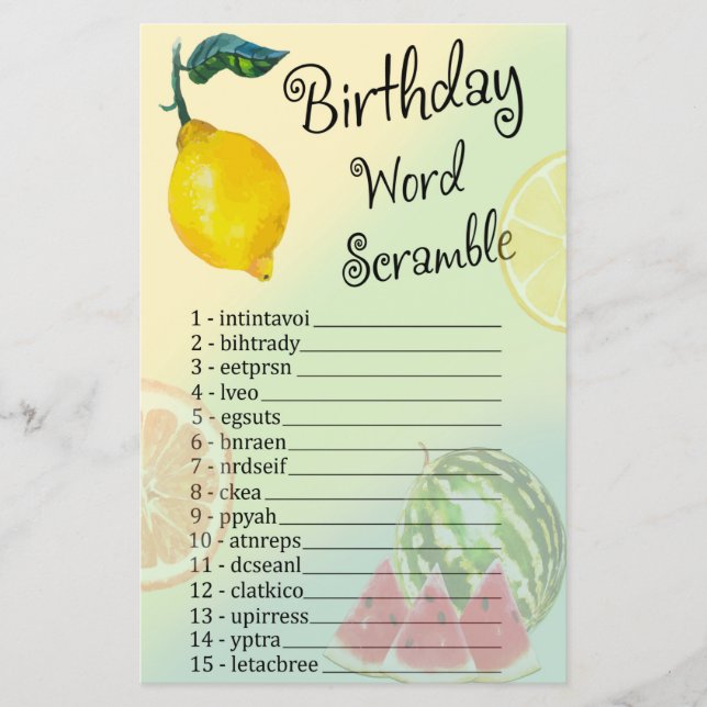 Lemon Birthday Word Scramble Game (Front)